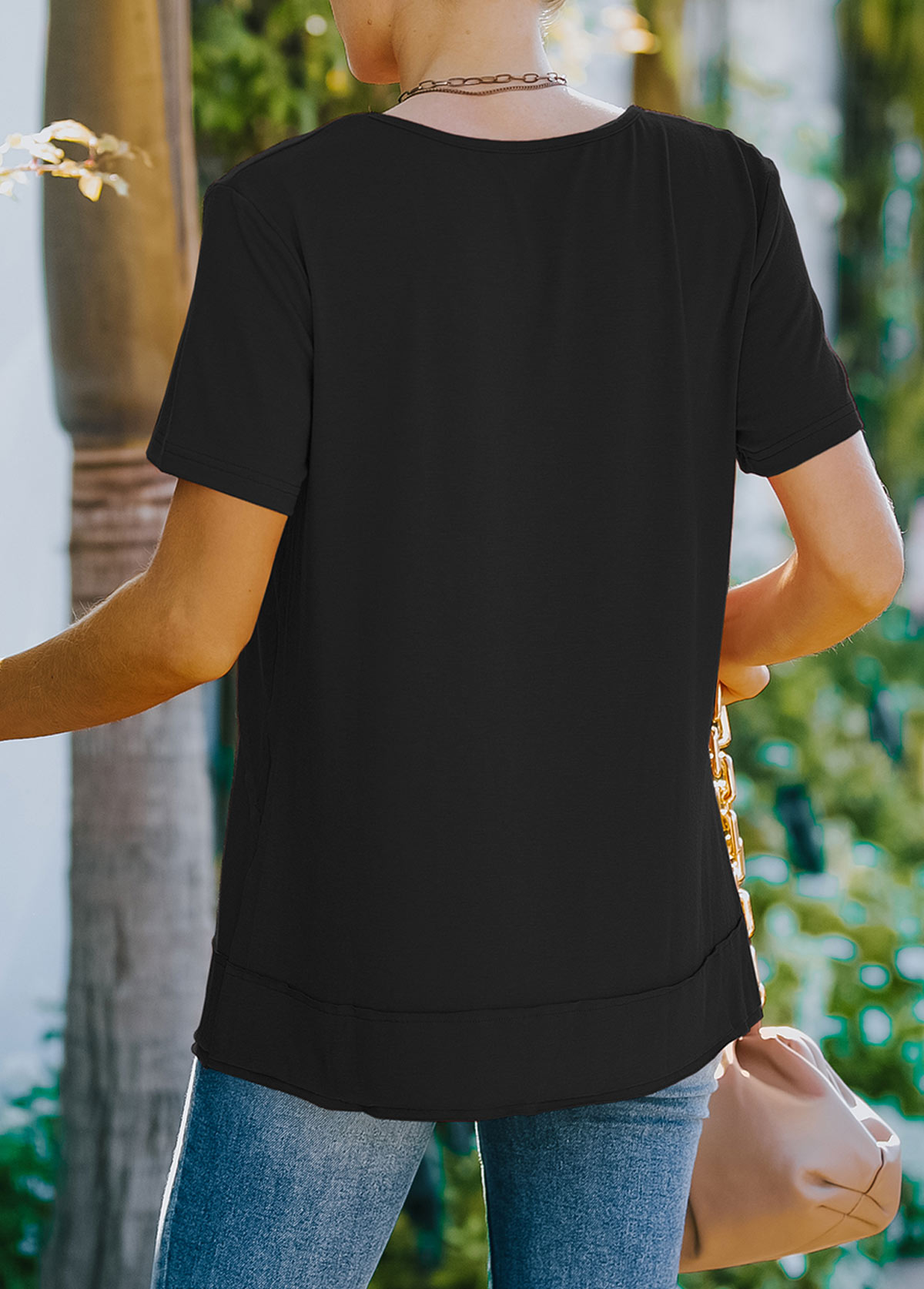 Black tops,Plain Color tops,Decorative Button Black Short Sleeve T Shirt