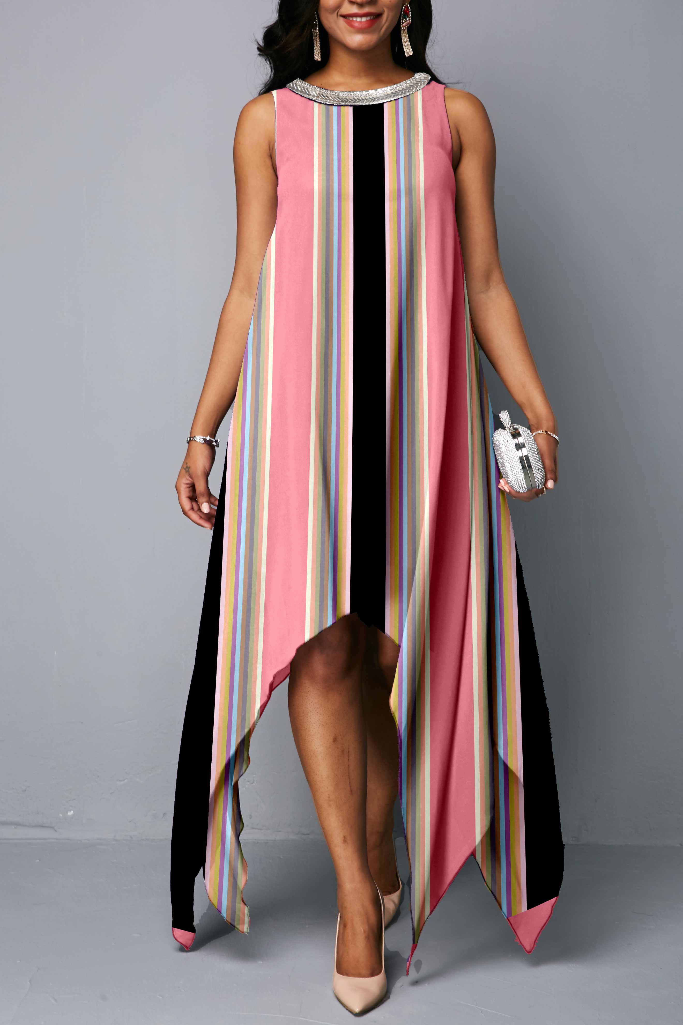 ROTITA Pink Embellished Neck Stripe Print Dress