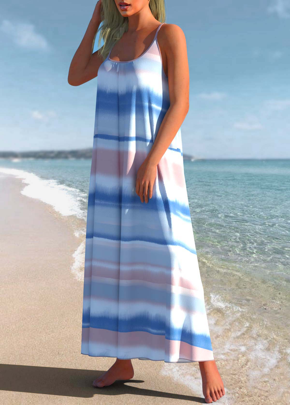 Multi Color swimwear,Striped swimwear,ROTITA Ombre Striped Spaghetti Strap Cover Up Dress
