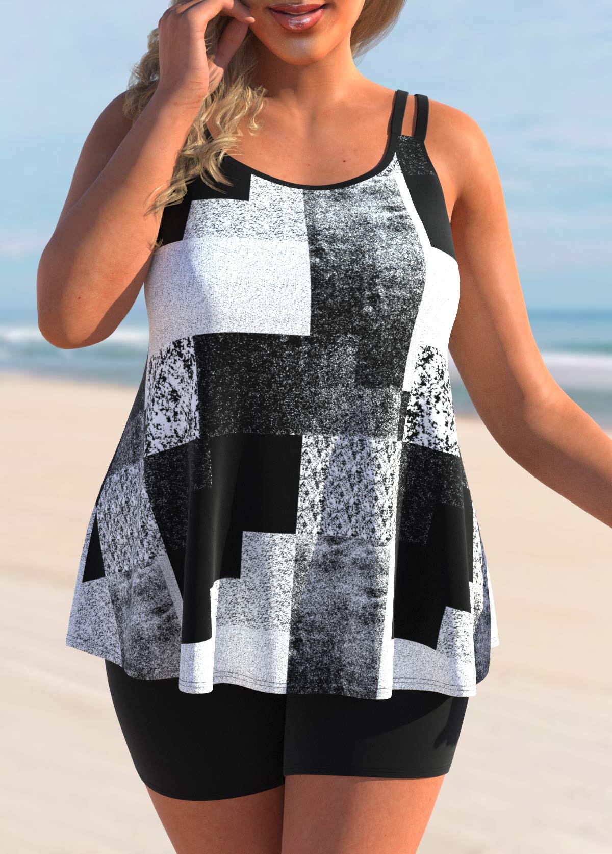 ROTITA Plus Size Black Geometric Print Tankini Top-No Bottom