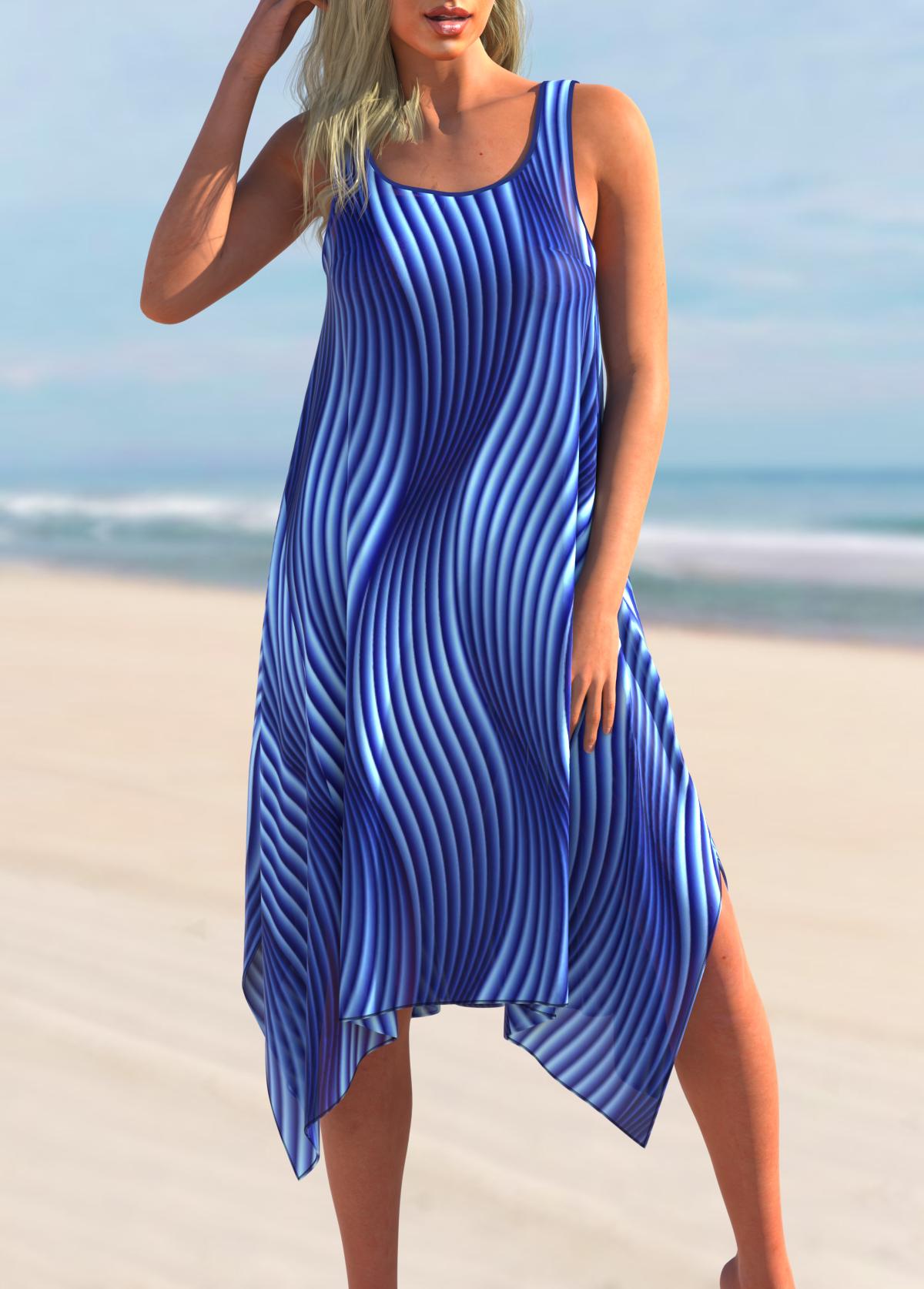 ROTITA Blue Striped Asymmetric Hem Cover Up Dress