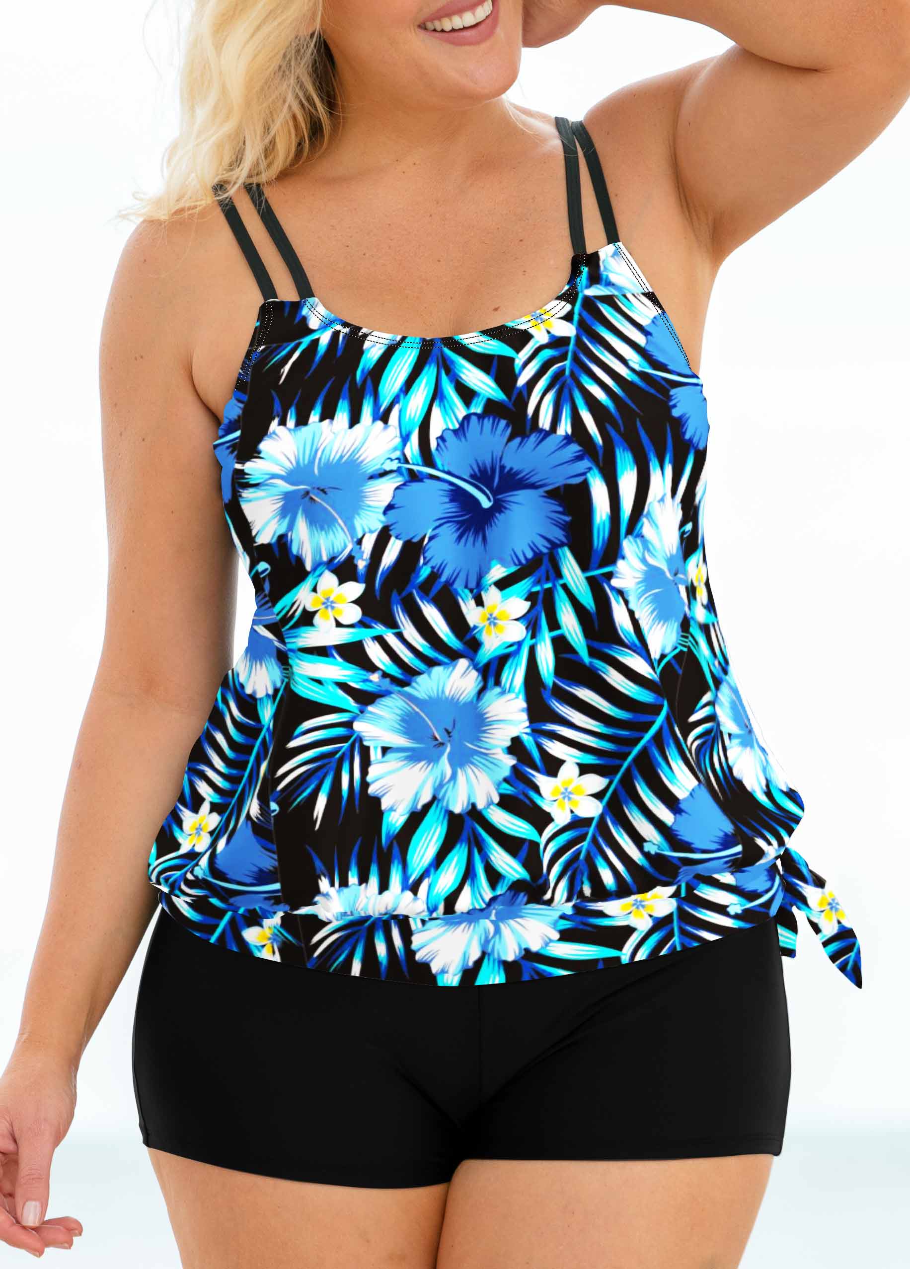Blue plus size,Plants plus size,ROTITA Plus Size Blue Tropical Print Tankini Top