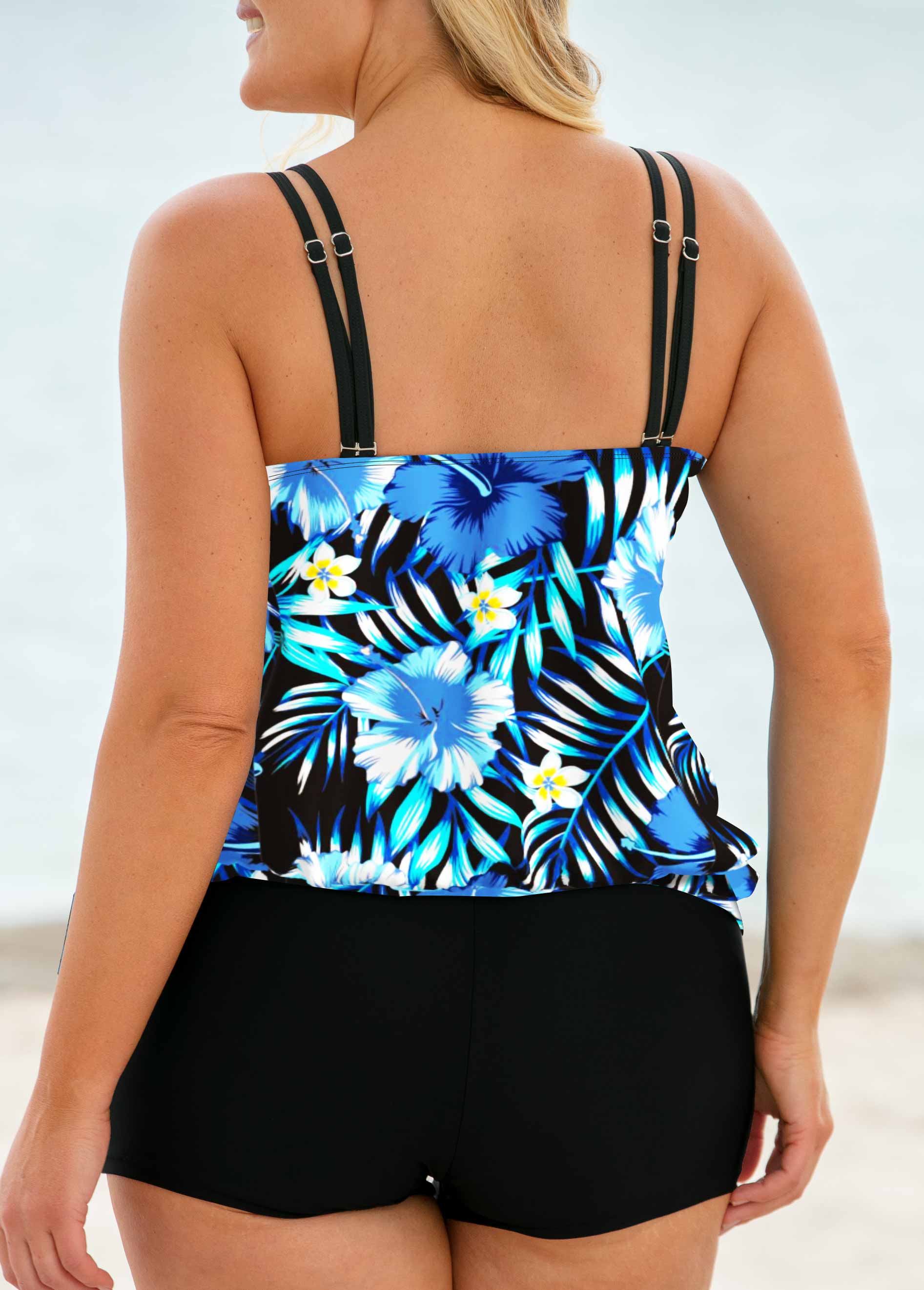 Blue plus size,Plants plus size,ROTITA Plus Size Blue Tropical Print Tankini Top