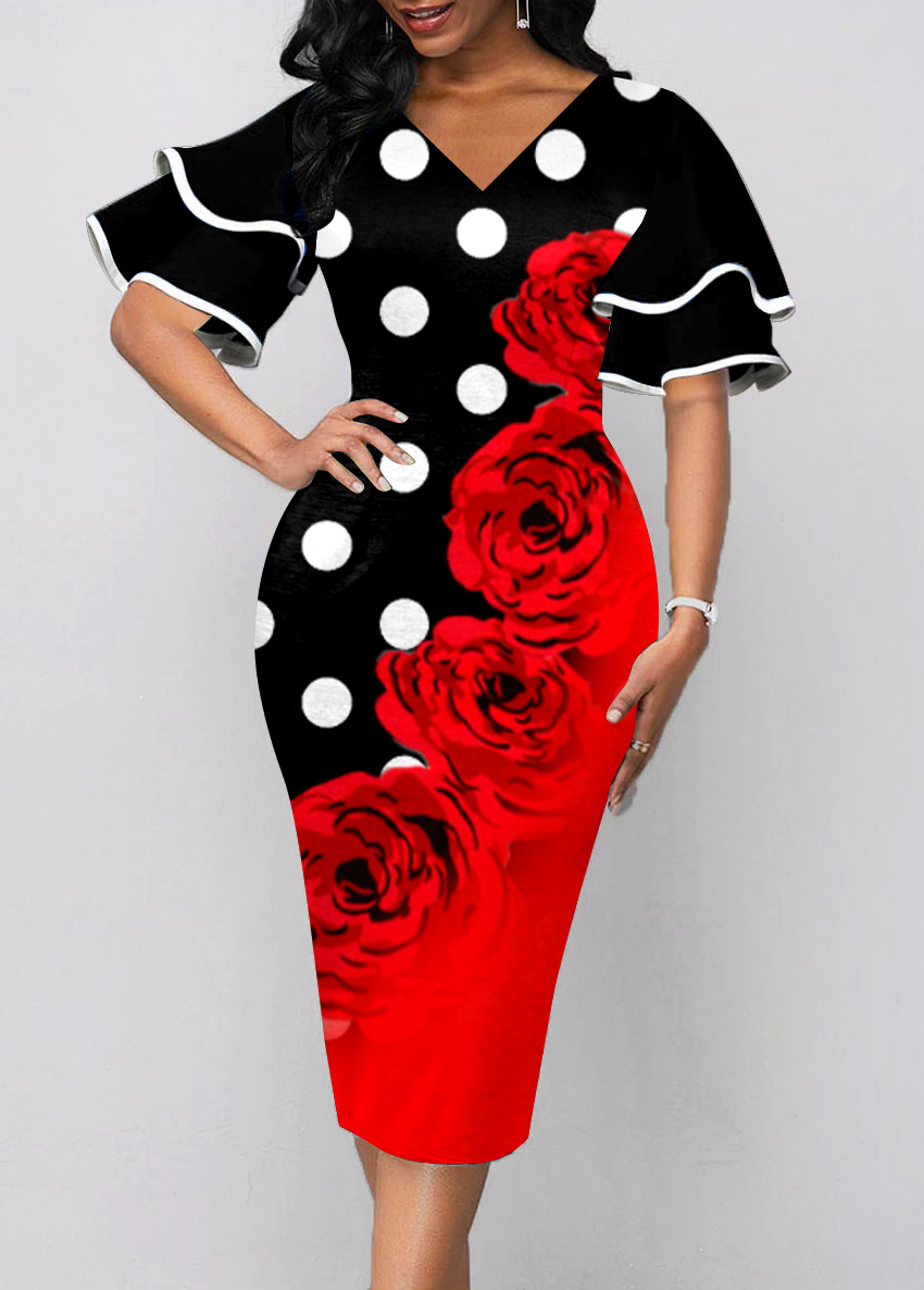 ROTITA Polka Dot Color Block Layered Bell Sleeve Dress