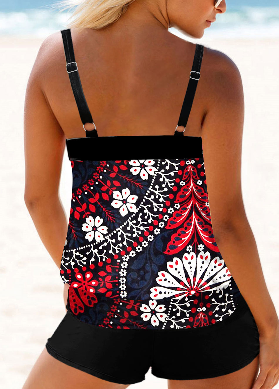 Multi Color swimwear,Tribal swimwear,ROTITA Multi Color Double Straps Floral Print Tankini Top