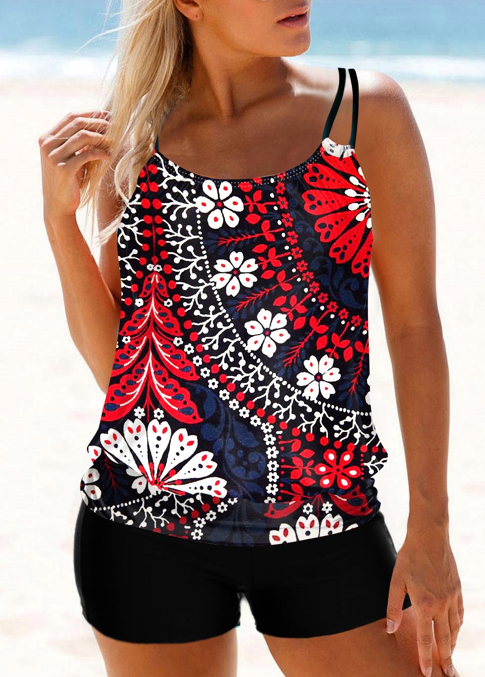 Multi Color swimwear,Tribal swimwear,ROTITA Multi Color Double Straps Floral Print Tankini Top
