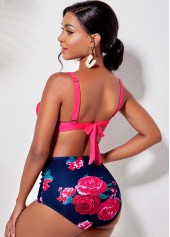 Hot Pink swimwear,Floral swimwear,ROTITA High Waist Tie Back Flower Print Bikini Set