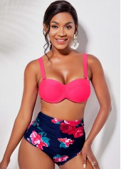Hot Pink swimwear,Floral swimwear,ROTITA High Waist Tie Back Flower Print Bikini Set
