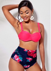 Hot Pink swimwear,Floral swimwear,ROTITA High Waist Tie Back Flower Print Bikini Set