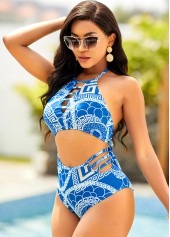 Blue swimwear,Geometric swimwear,ROTITA Halter Geometric Print High Waisted Bikini Set 
