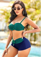 Blue swimwear,Striped swimwear,Striped Mid Waist Drawstring Detail Bikini Set