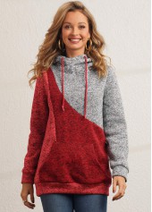 Multi Color tops,Contrast Color tops,ROTITA Drawstring Color Block Kangaroo Pocket Hoodie
