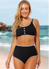 Black swimwear,Contrast Color swimwear,ROTITA Black High Waisted Decorative Button Bikini Set