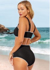 Black swimwear,Contrast Color swimwear,ROTITA Black High Waisted Decorative Button Bikini Set