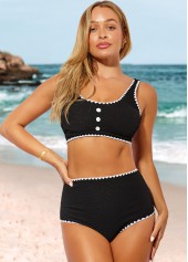 Black swimwear,Contrast Color swimwear,ROTITA Black High Waisted Decorative Button Bikini Set