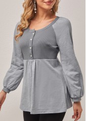 Grey tops,Plain Color tops,ROTITA Round Neck Grey Long Sleeve T Shirt