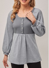 Grey tops,Plain Color tops,ROTITA Round Neck Grey Long Sleeve T Shirt