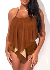 Dark Coffee swimwear,Plain Color swimwear,ROTITA Asymmetric Hem Halter Mesh Light Khaki Tankini Set