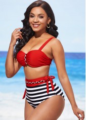 Multi Color swimwear,Striped swimwear,ROTITA Stripe Print Color Block High Waisted Bikini Set
