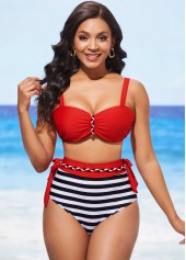 ROTITA Stripe Print Color Block High Waisted Bikini Set