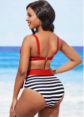 Multi Color swimwear,Striped swimwear,ROTITA Stripe Print Color Block High Waisted Bikini Set