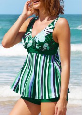 Striped swimwear,ROTITA Striped Dark Green Wide Strap Tankini Set