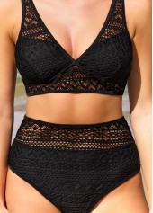 Black swimwear,Plain Color swimwear,ROTITA High Waist Black Lace Bikini Set