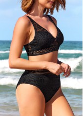 Black swimwear,Plain Color swimwear,ROTITA High Waist Black Lace Bikini Set