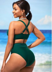 Plain Color swimwear,ROTITA Dark Green High Waist Mesh Stitching Bikini Set