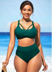 Plain Color swimwear,ROTITA Dark Green High Waist Mesh Stitching Bikini Set