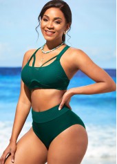 Plain Color swimwear,ROTITA Dark Green High Waist Mesh Stitching Bikini Set