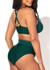 Plain Color swimwear,ROTITA Dark Green High Waist Mesh Stitching Bikini Set
