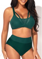 Plain Color swimwear,ROTITA Dark Green High Waist Mesh Stitching Bikini Set