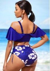 Royal Blue swimwear,Floral swimwear,ROTITA Floral Print Flounce Royal Blue Mid Waist Bikini Set
