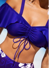 Royal Blue swimwear,Floral swimwear,ROTITA Floral Print Flounce Royal Blue Mid Waist Bikini Set