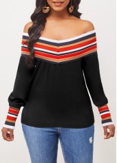 Off Shoulder Stripe Black Long Sleeve Blouse