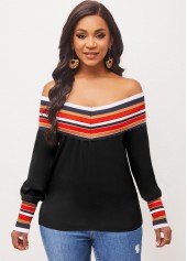 Black tops,Striped tops,Off Shoulder Stripe Black Long Sleeve Blouse