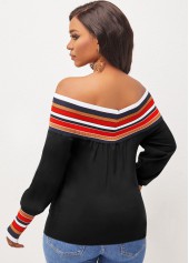 Black tops,Striped tops,Off Shoulder Stripe Black Long Sleeve Blouse