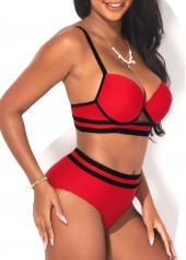 Deep Red swimwear,Contrast Color swimwear,ROTITA Mid Waist Webbing Deep Red Bikini Set