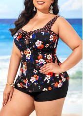 Black plus size,Floral plus size,Plus Size Black Floral Print Tankini Top