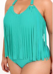Cyan plus size,Plain Color plus size,Plus Size Tassel Halter Cyan One Piece Swimwear
