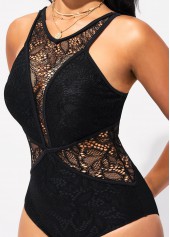 Black swimwear,Plain Color swimwear,ROTITA Lace Stitching Black One Piece Swimwear