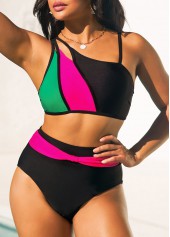 Black swimwear,Contrast Color swimwear,ROTITA High Waisted Contrast Black Bikini Set