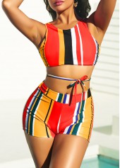 Multi Color swimwear,Rainbow Color swimwear,Striped swimwear,ROTITA Stripe Print High Waisted Multi Color Bikini Set