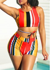Multi Color swimwear,Rainbow Color swimwear,Striped swimwear,ROTITA Stripe Print High Waisted Multi Color Bikini Set