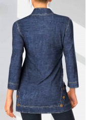 Denim Blue tops,Plain Color tops,ROTITA Decorative Button Denim Blue V Neck Blouse