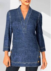 ROTITA Decorative Button Denim Blue V Neck Blouse