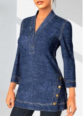 Denim Blue tops,Plain Color tops,ROTITA Decorative Button Denim Blue V Neck Blouse