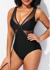 Black swimwear,Plain Color swimwear,Mesh Black Glitter Fabric Stitching One Piece Swimwear
