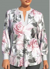 ROTITA Valentines White Rose Print Split Neck Blouse